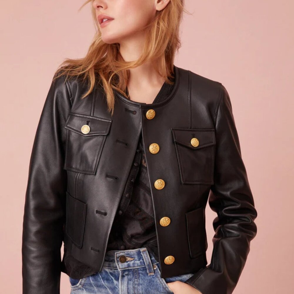 LOVESHACKFANCY Xander Black Leather Jacket Gold Buttons NWT NEW